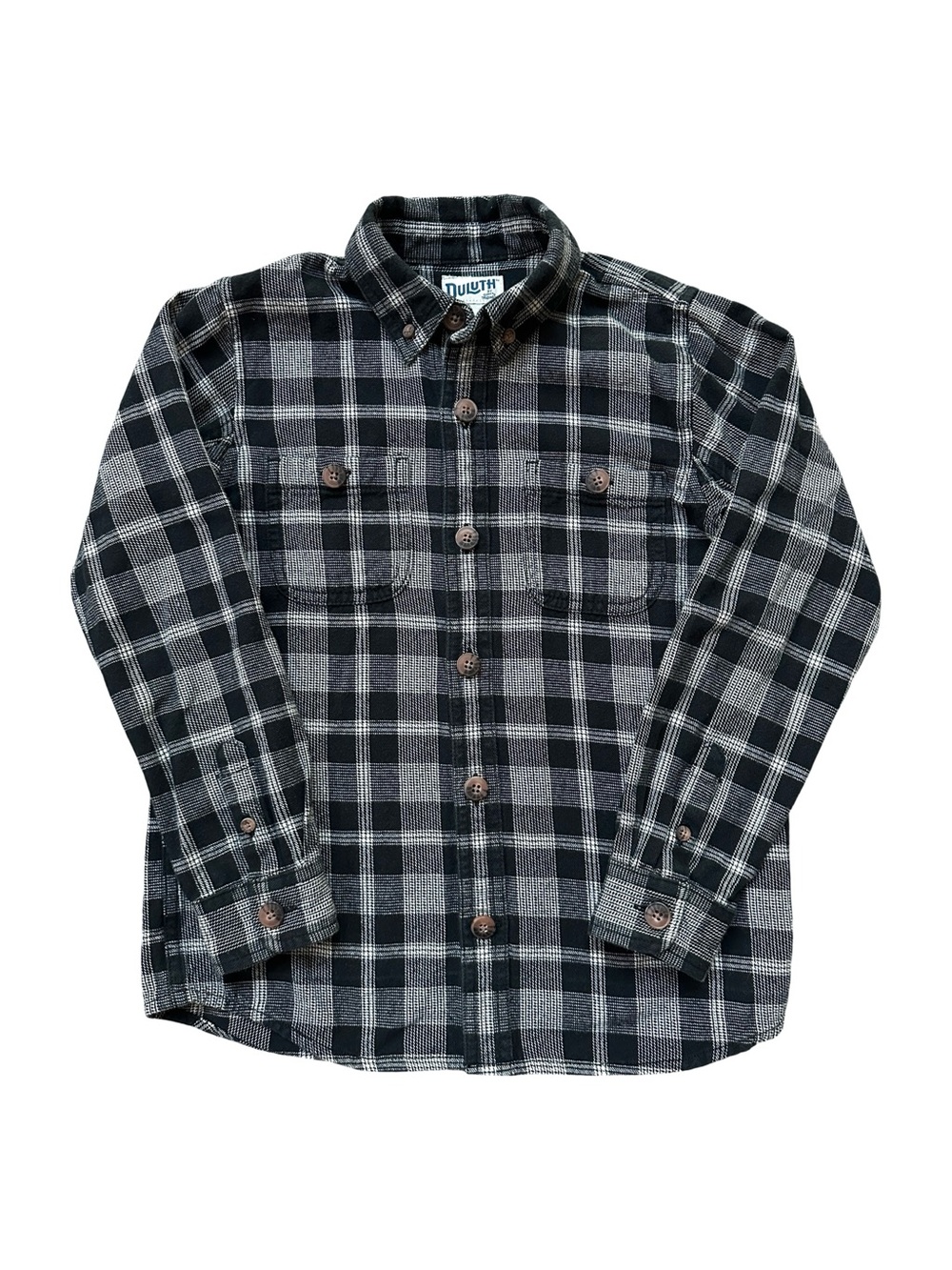 Duluth Trading Co Boys Plaid Flannel Shirt Black White 100% Cotton Size 7